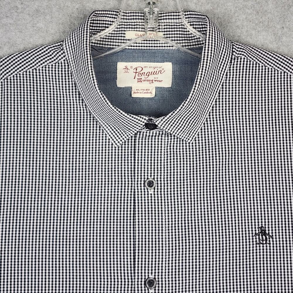Penguin Men's Long Sleeve Shirt Button Up Blue Check Logo Front Classic Fit XL